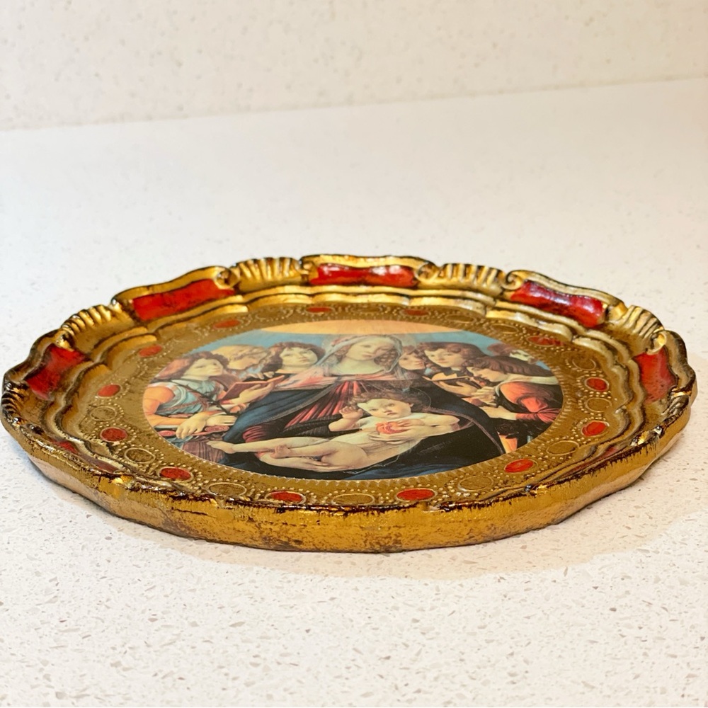 Vintage Florentine Gilt Tray with Madonna Decal 7.5” - Picture 5 of 10